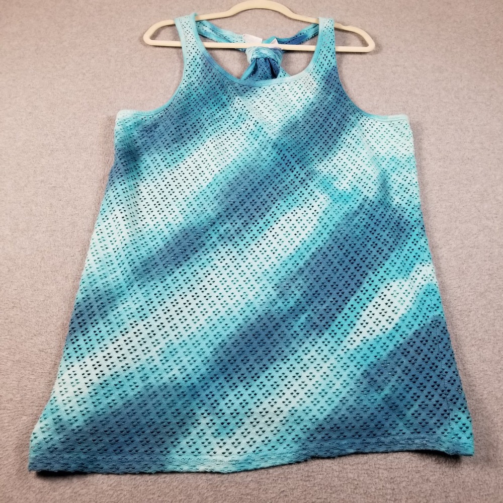Beach Cabana Swim Cover Up Top Women Medium M Blue White Tie Dye Sheer Racerback